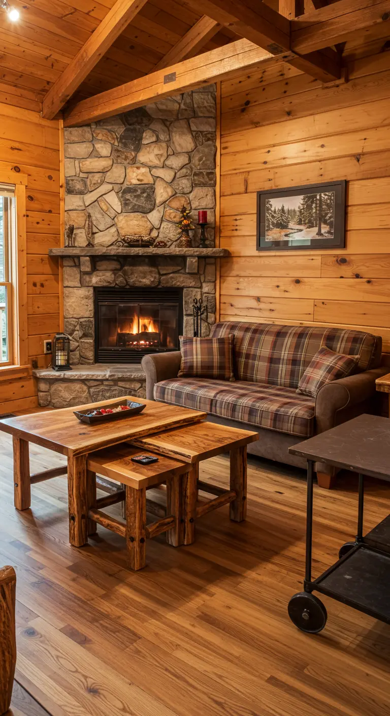 A rustic cabin living room with a stone fireplace, plaid sofa, and chunky wooden nesting tables.