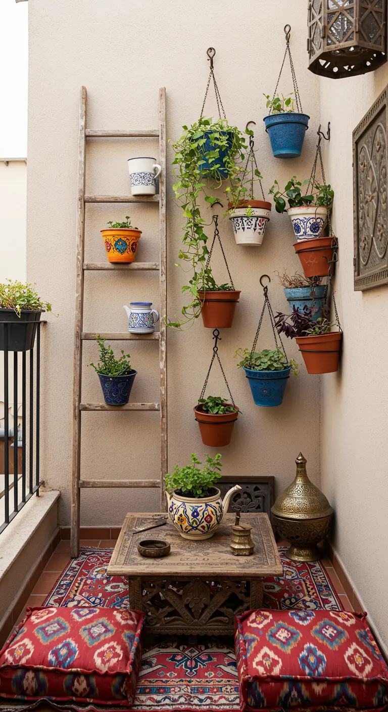 A balcony corner with a ladder shelf for plants, colorful hanging pots, and red floor cushions.