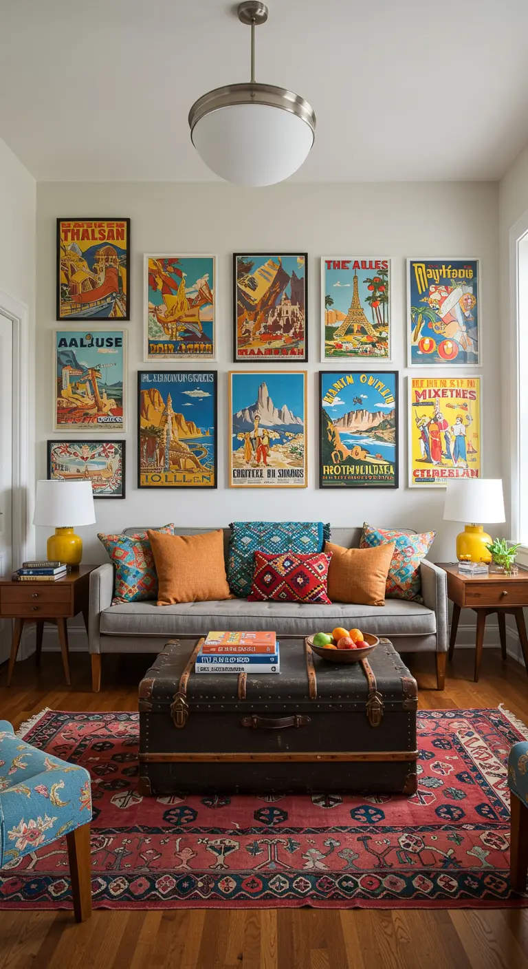A symmetrical gallery wall of colorful vintage travel posters above a gray sofa.