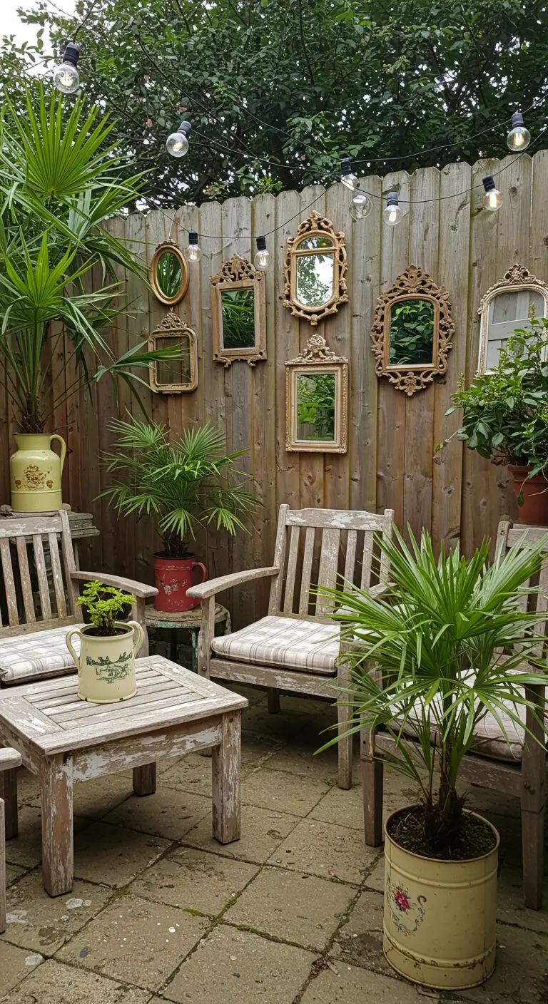 A collection of small, ornate, gold-framed mirrors hanging on a wooden fence above patio chairs.