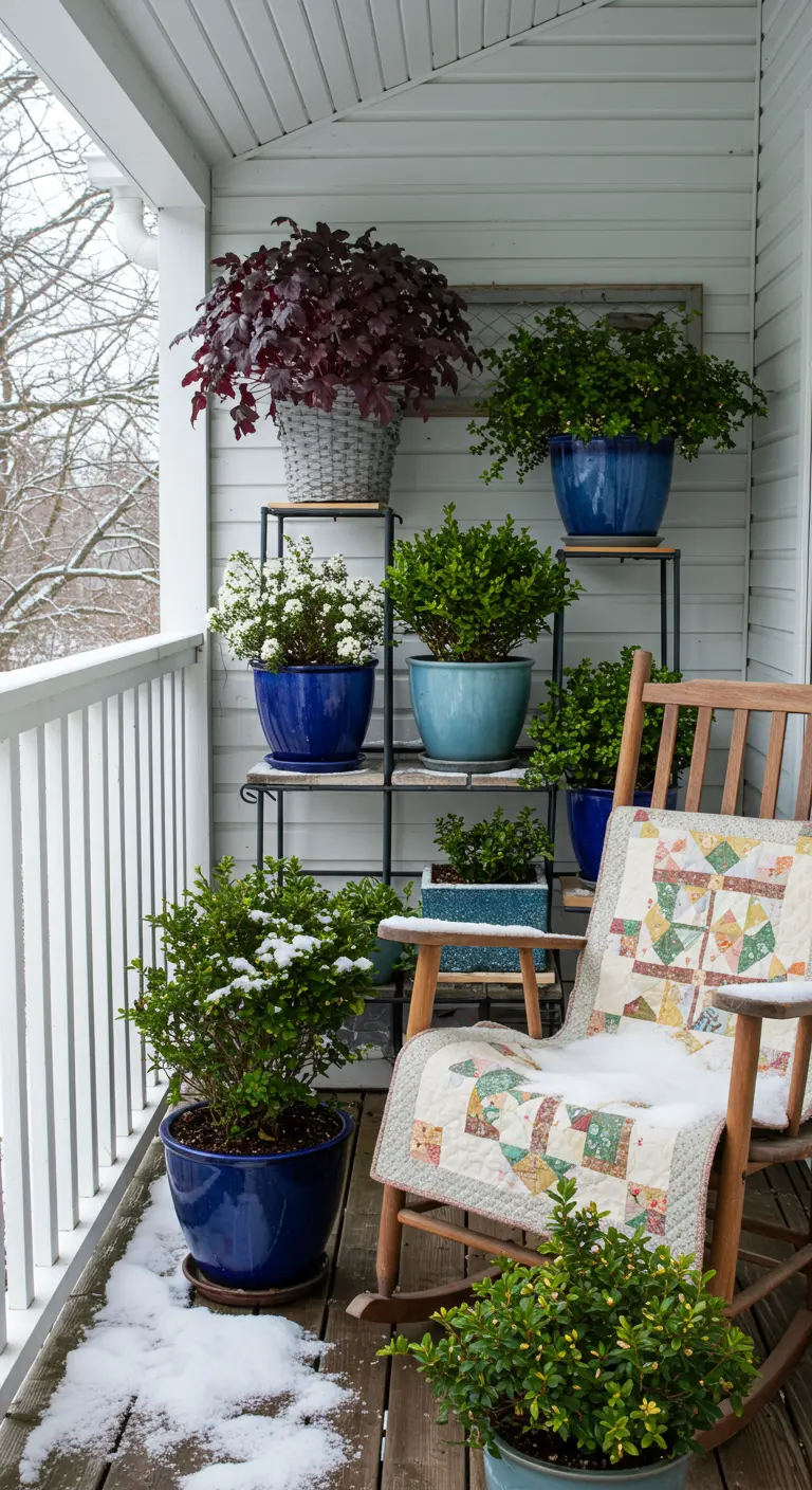 A tiered plant stand on a porch filled with evergreens in blue pots.