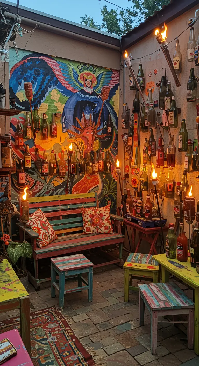 An eclectic, colorful patio filled with a dense collection of bottle torches and art.