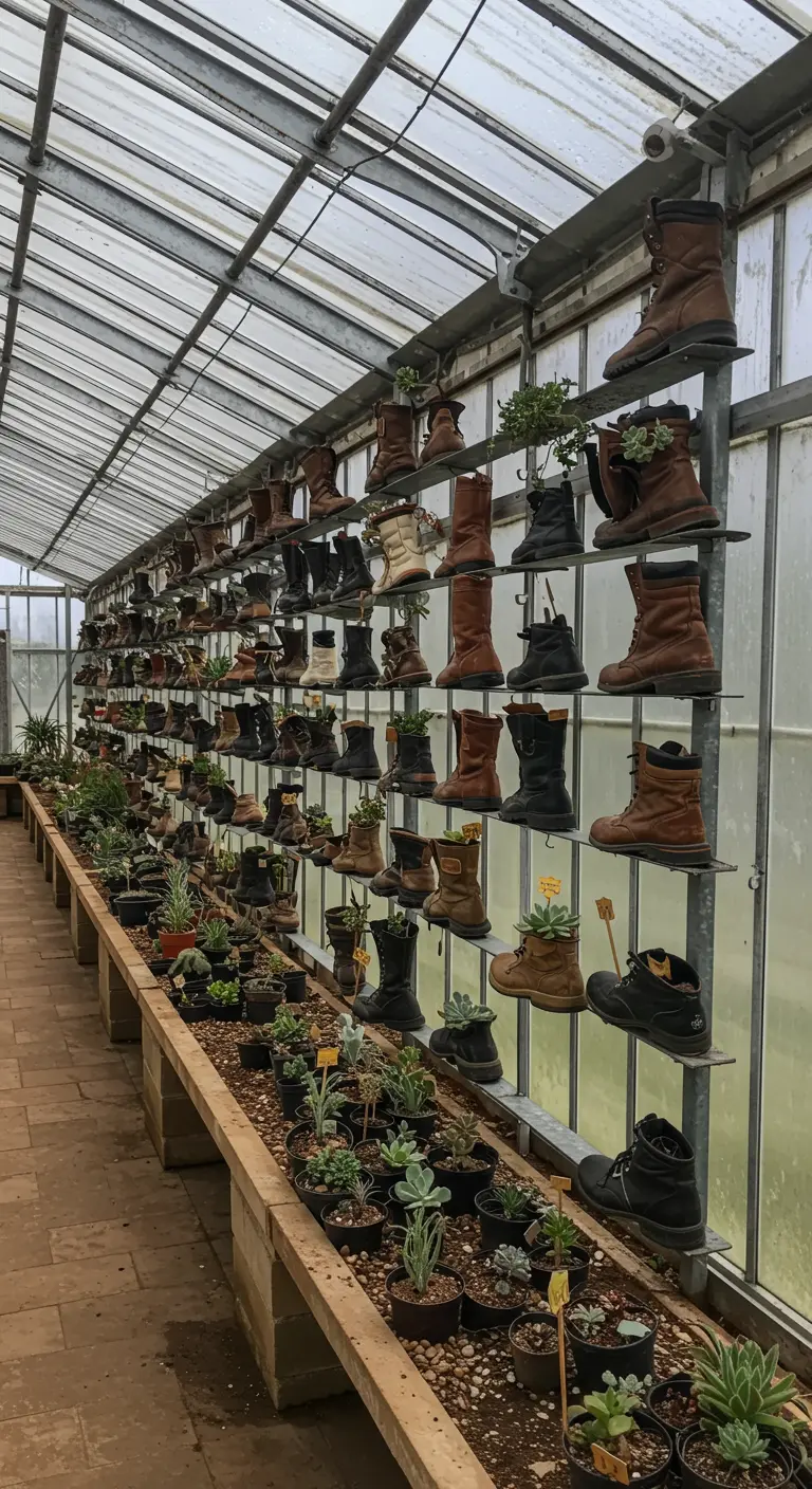 Hundreds of boots used as planters for succulents on long shelves in a greenhouse.