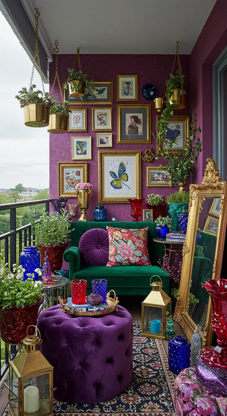 A maximalist balcony with a purple wall, gallery art, an emerald sofa, and jewel-toned accessories.