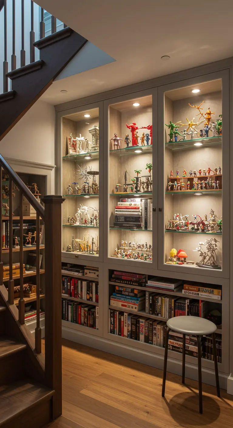 Built-in glass display cabinets under stairs showcasing a collection of action figures.