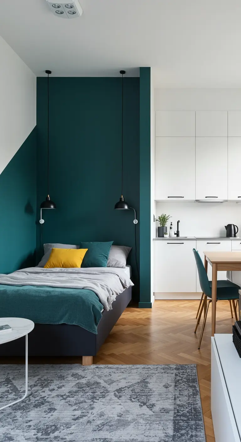 A bedroom nook defined by a deep teal accent wall, adjacent to a white kitchen.