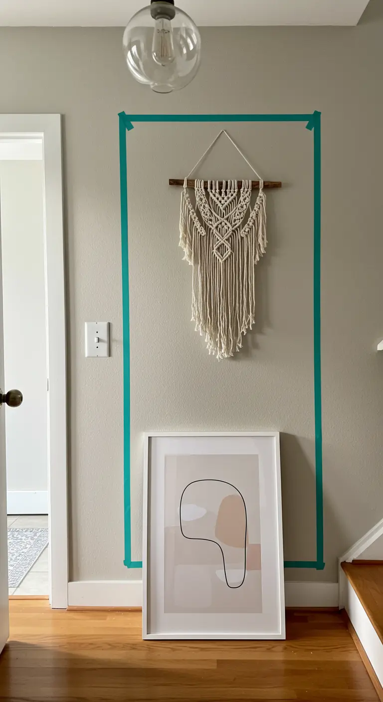 A macrame wall hanging and a framed print highlighted by a bold teal washi tape rectangle.