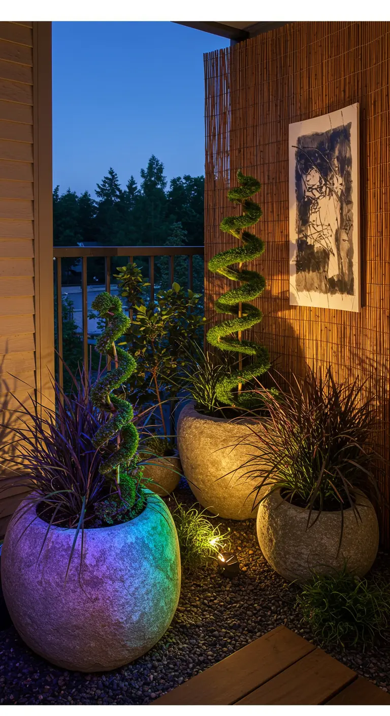 Stone planters on a balcony at night, one lit from below with shifting colored light
