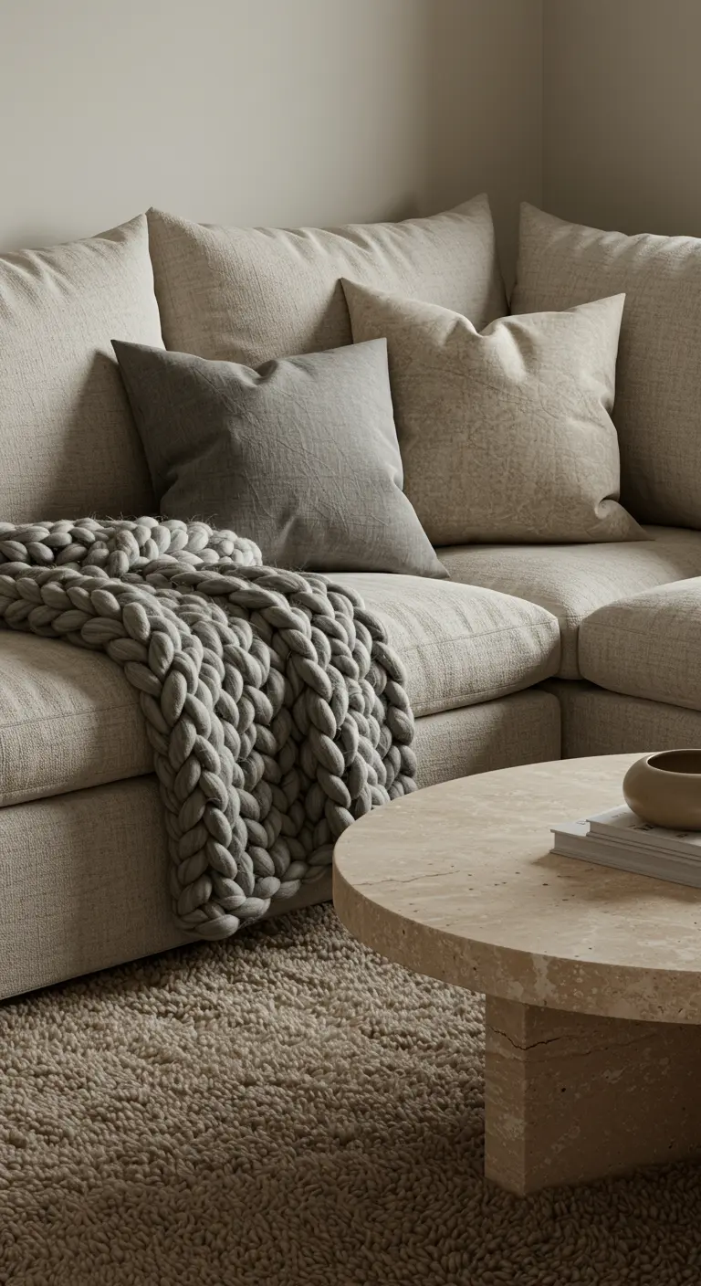 A close-up of a beige sofa with a chunky gray knit throw and a travertine coffee table.