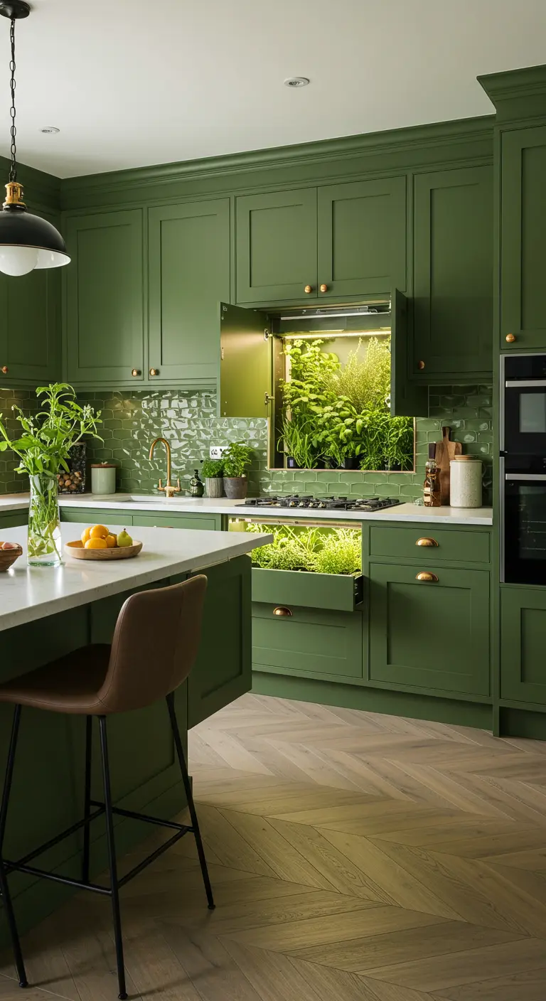 Olive green kitchen with a hidden, built-in herb garden revealed behind a lift-up cabinet door.