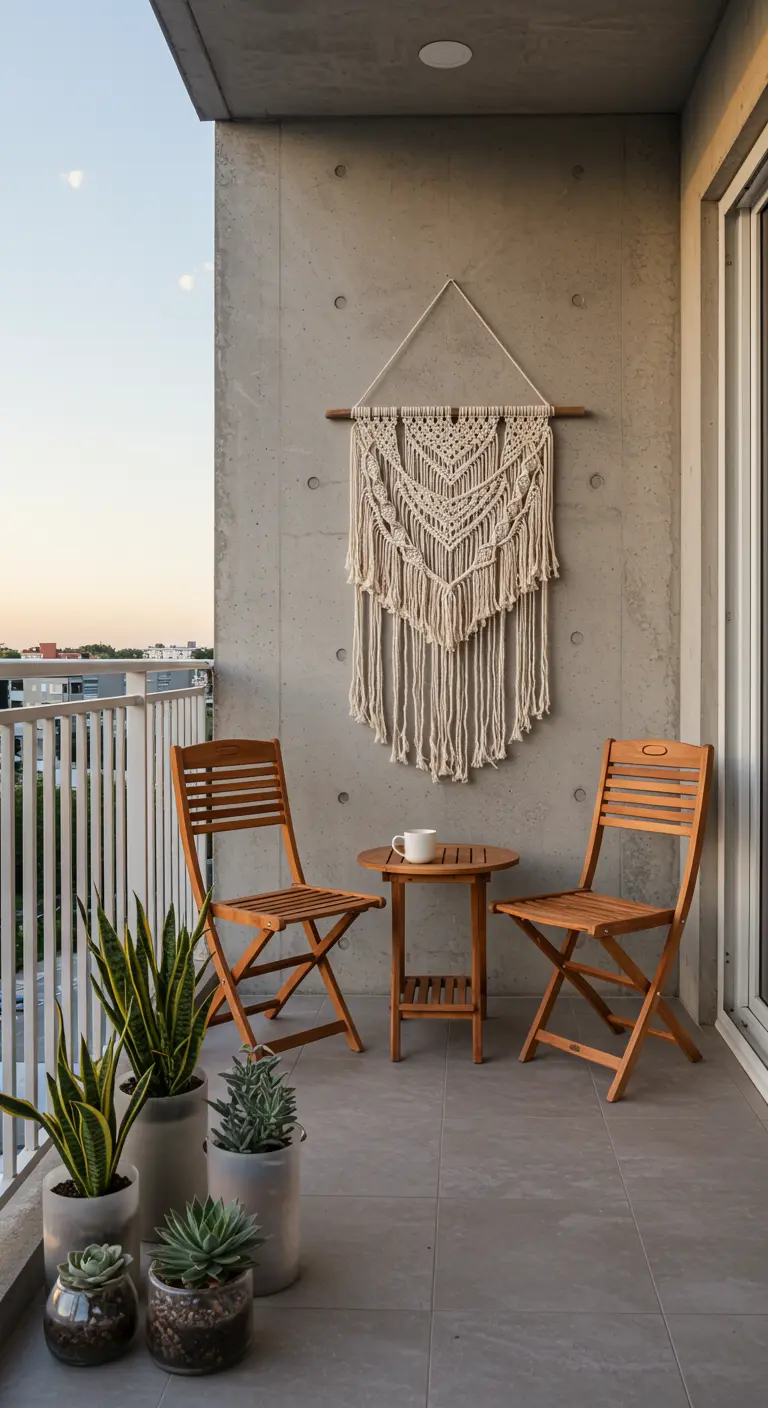 Boho balcony with macramé on a concrete wall and teak folding chairs.