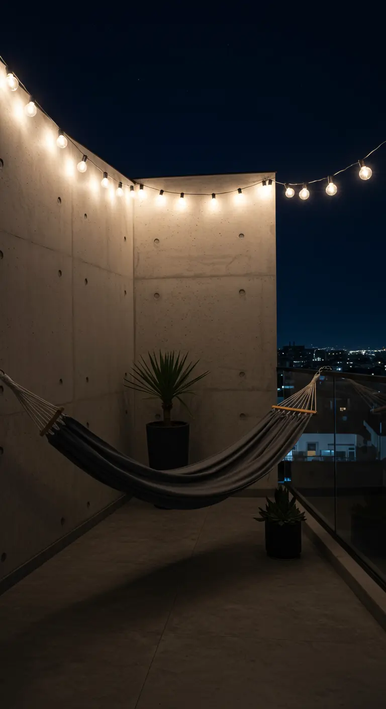 A simple dark hammock on a minimalist concrete balcony at night, lit by a string of Edison bulbs.