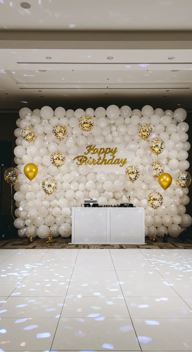 A full wall of white balloons with floating gold confetti balloons in front of a DJ booth.