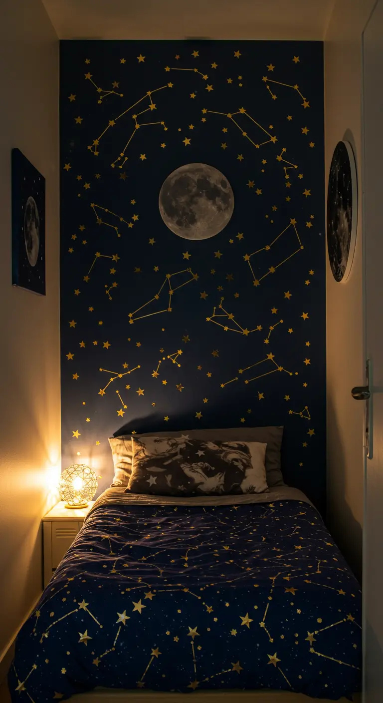 A small bed in a nook with a dark blue wall painted with gold constellations and a 3D moon.