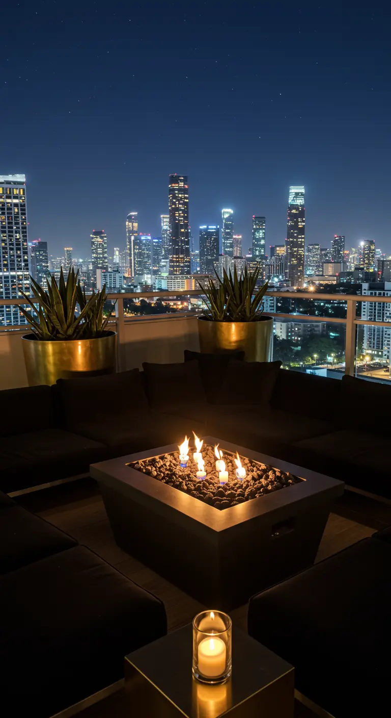 A rooftop lounge with a square gas fire pit, black sectional sofa, and city views at night.