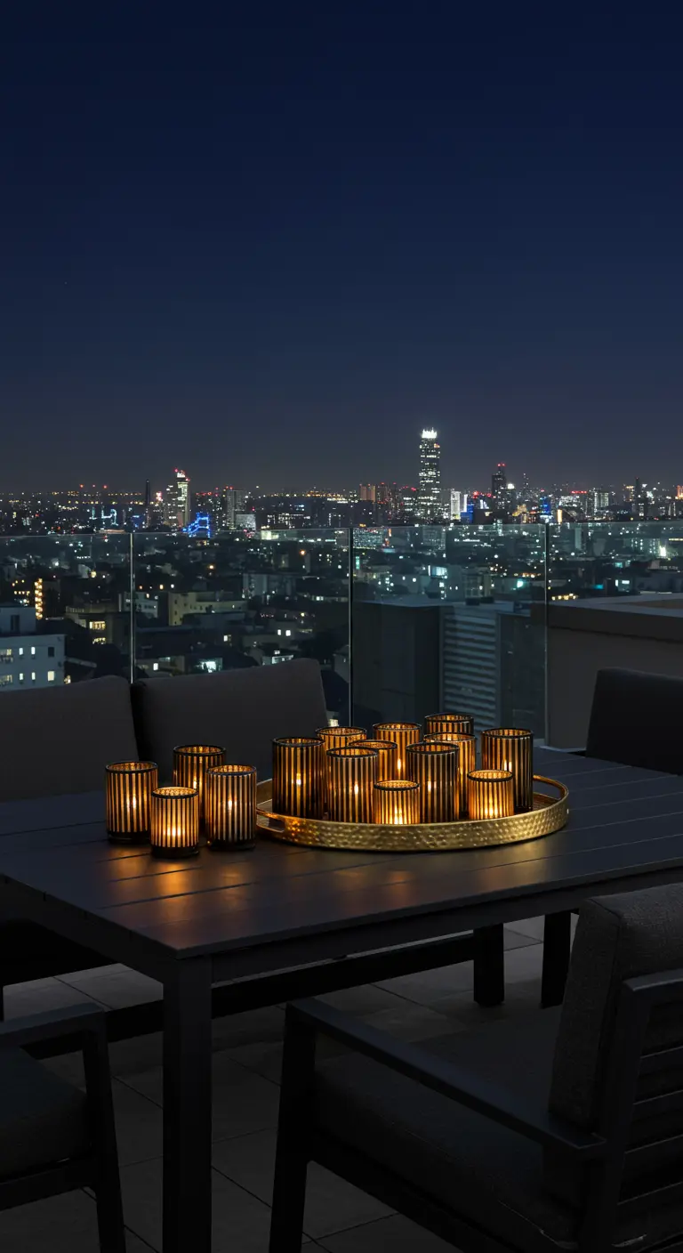 A close-up of a city rooftop dining table with a gold tray holding numerous glowing candle votives.