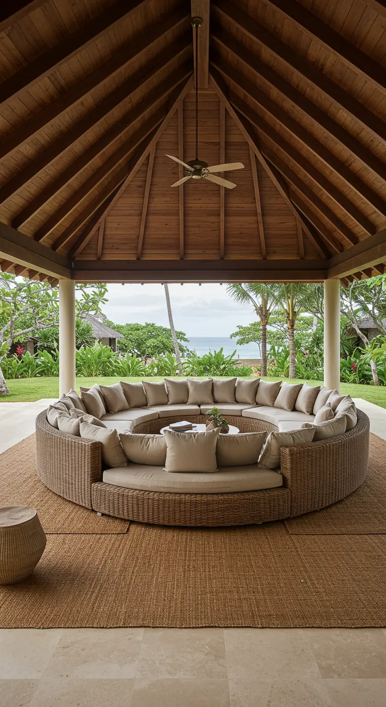 A large circular rattan sectional under a round wooden pavilion roof.