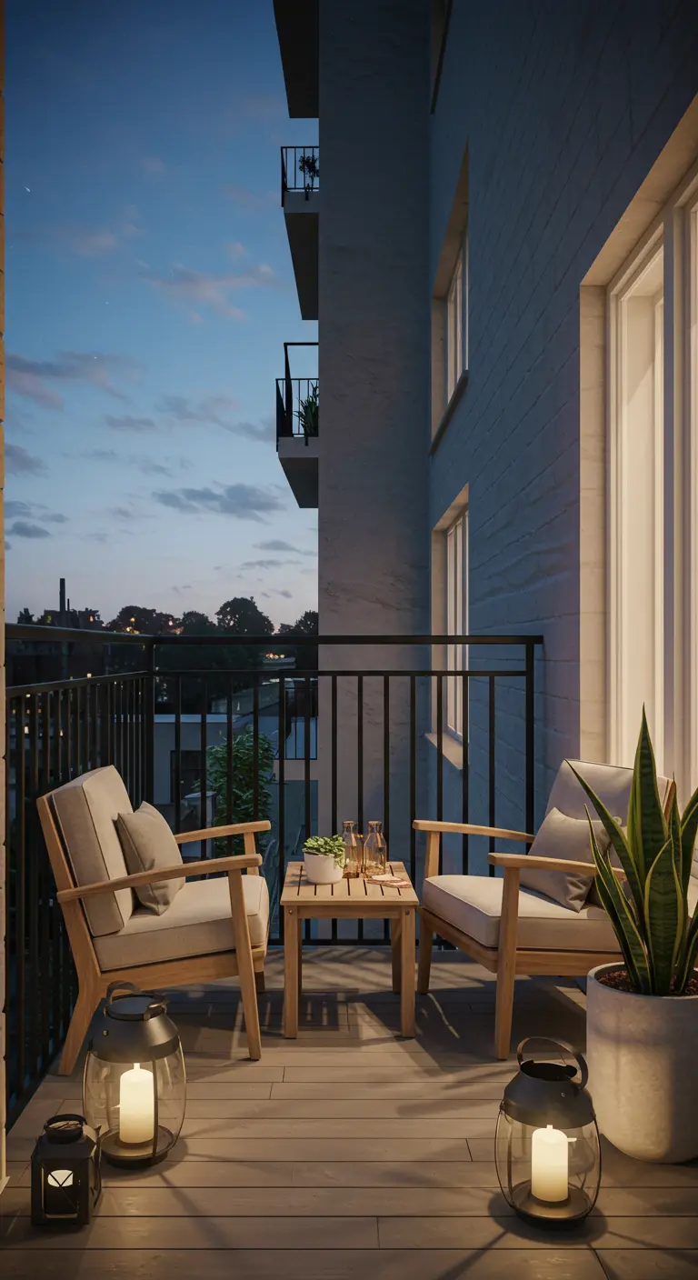 A modern balcony with two wooden armchairs, a side table, and large lanterns at twilight.