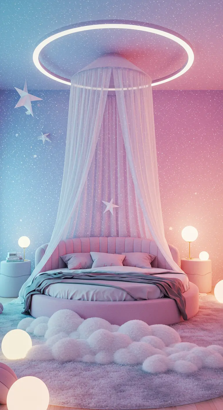 Fantasy bedroom with a sparkling ombre wall, round pink bed, and cloud-like pillows.