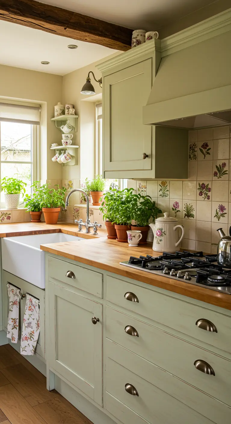 Country kitchen with light green cabinets, wood counters, and small floral-painted tiles.