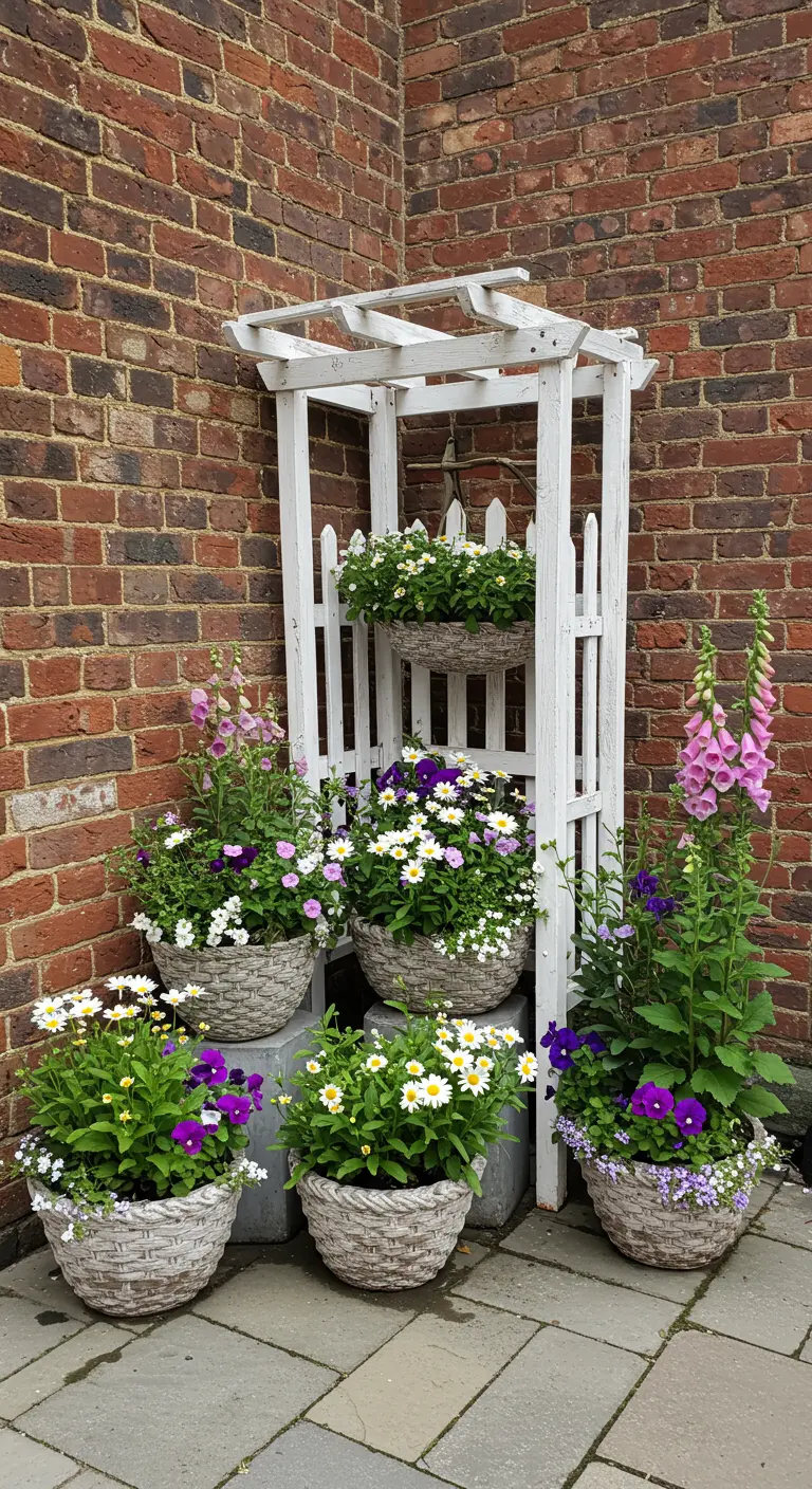 A white tiered wooden plant stand in a corner, filled with baskets of daisies and foxgloves.