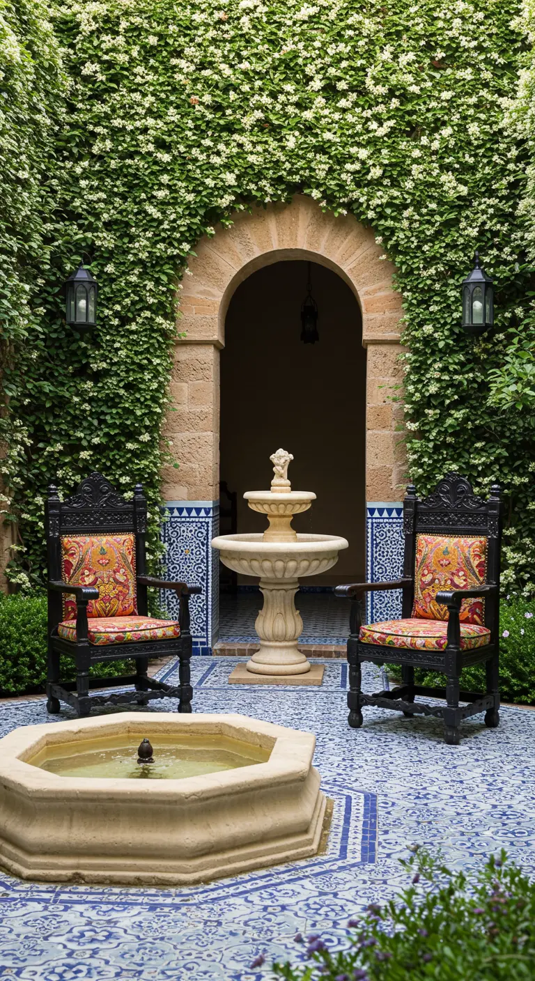 Two dark wood chairs with colorful cushions sit in a courtyard with intricate blue tile.