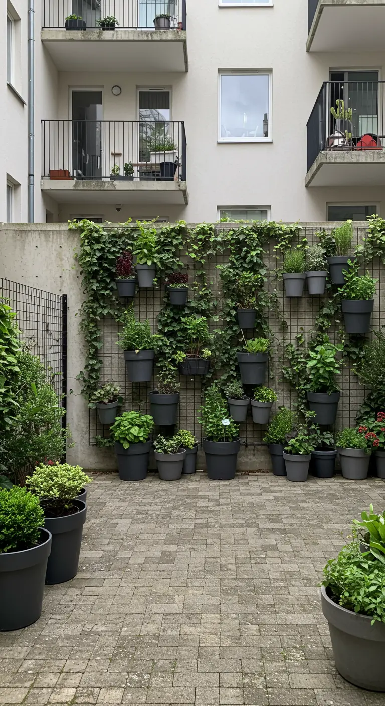 A large grid wall in a courtyard filled with dark grey pots of various herbs and ivy.