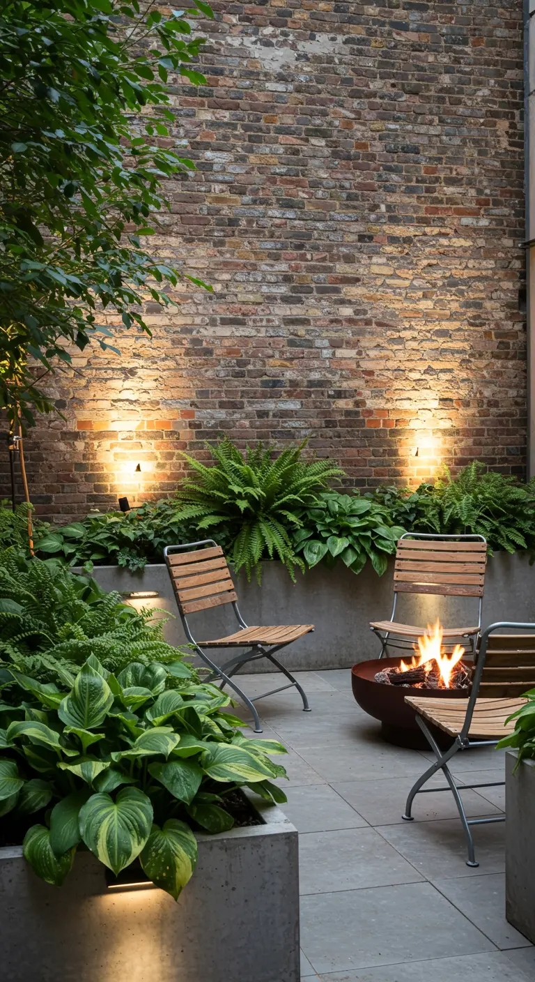 A chic urban courtyard with a brick wall, concrete planters, and a fire pit.
