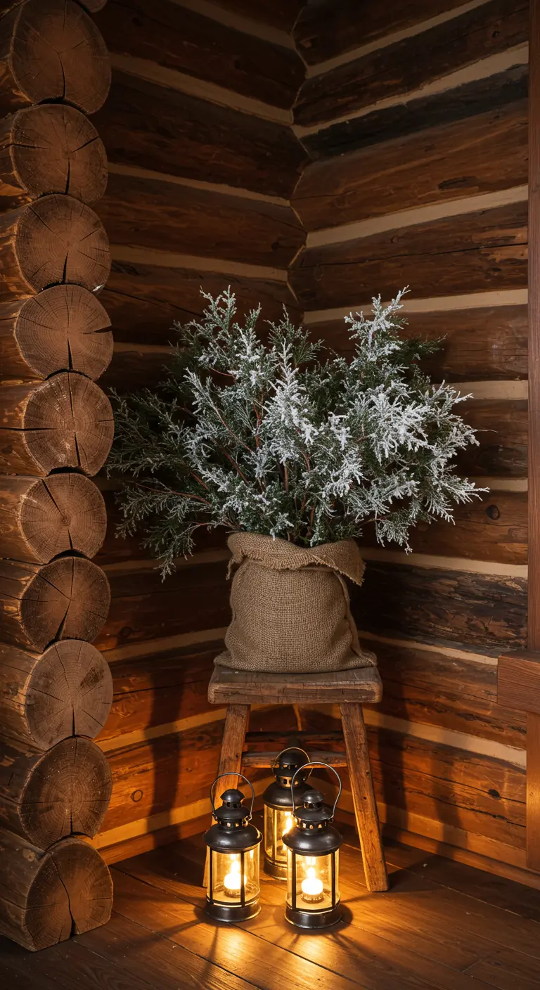 A frosted plant on a wooden stool in a log cabin corner, illuminated by two small lanterns.
