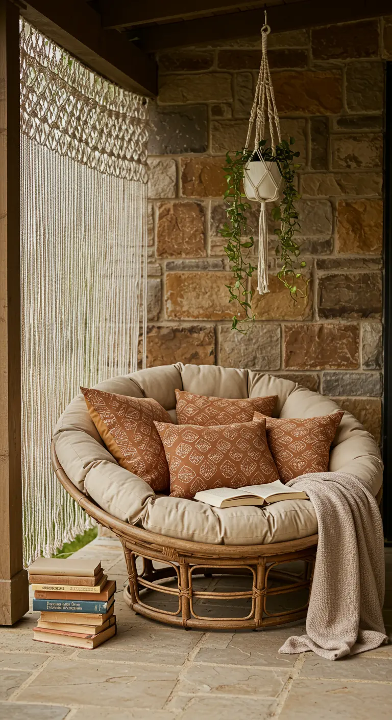 A cozy Papasan chair with a macramé curtain and a stack of books on a stone porch.