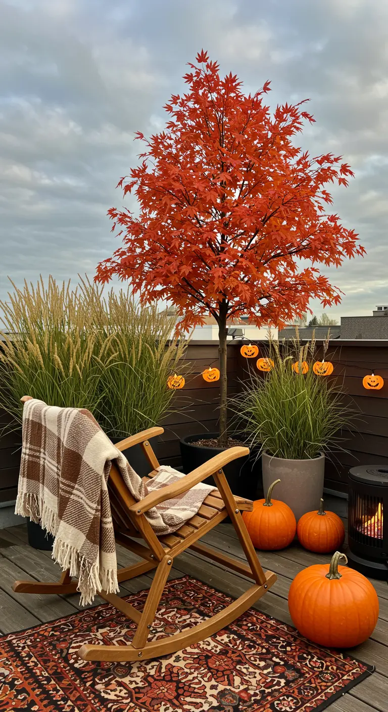 An autumn-themed rooftop deck with a rocking chair, pumpkins, and a red maple tree.