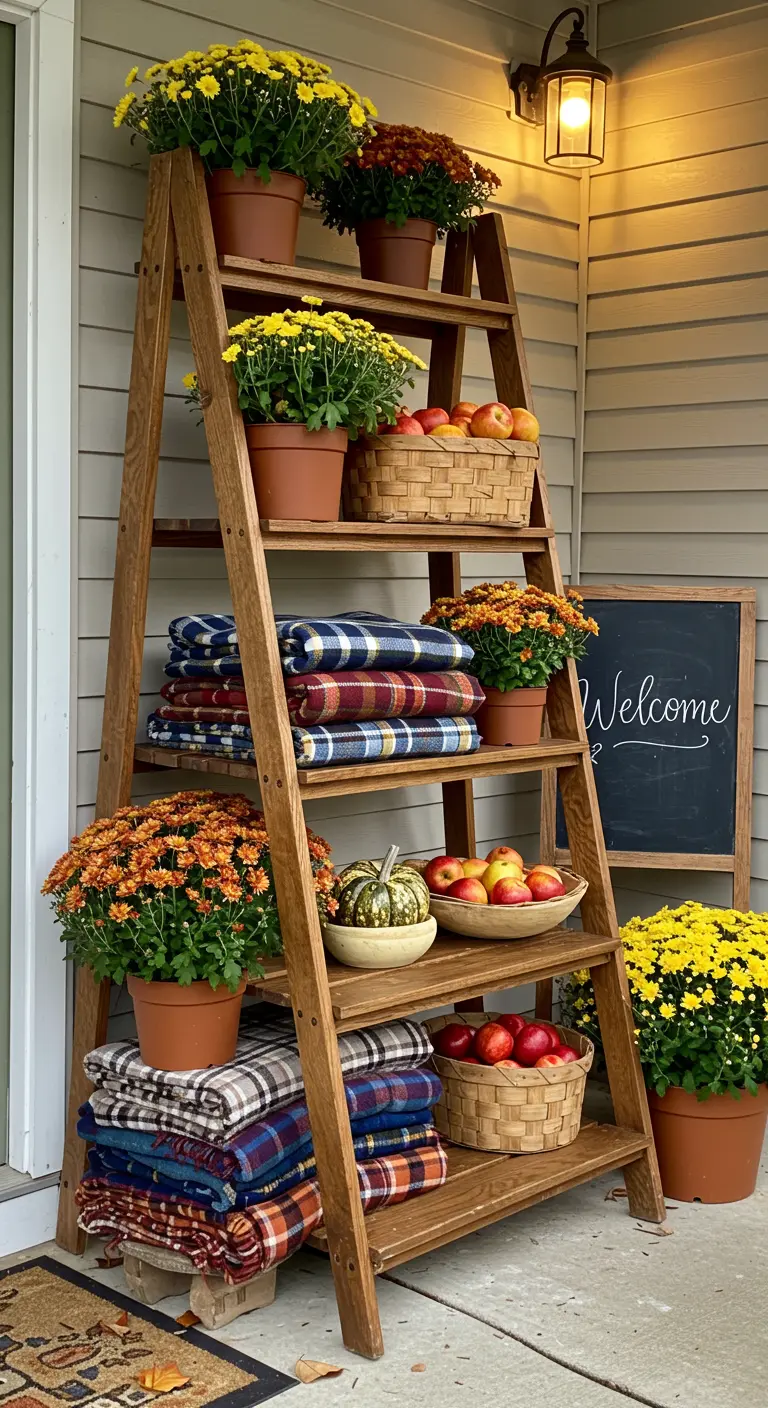 A wooden ladder on a porch holding mums, folded plaid blankets, and baskets of apples.