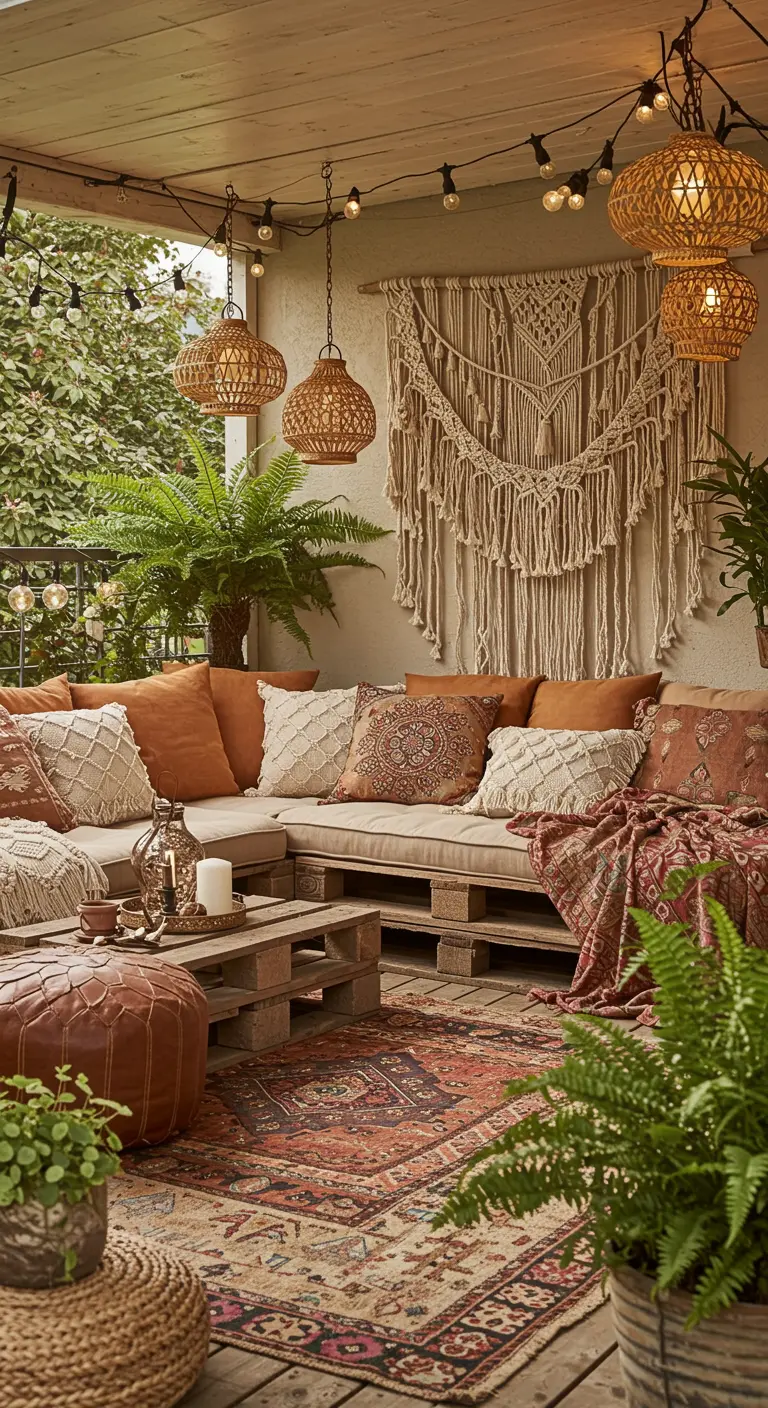 A bohemian-style balcony with a pallet sofa, layered rugs, macrame, and rattan lanterns.