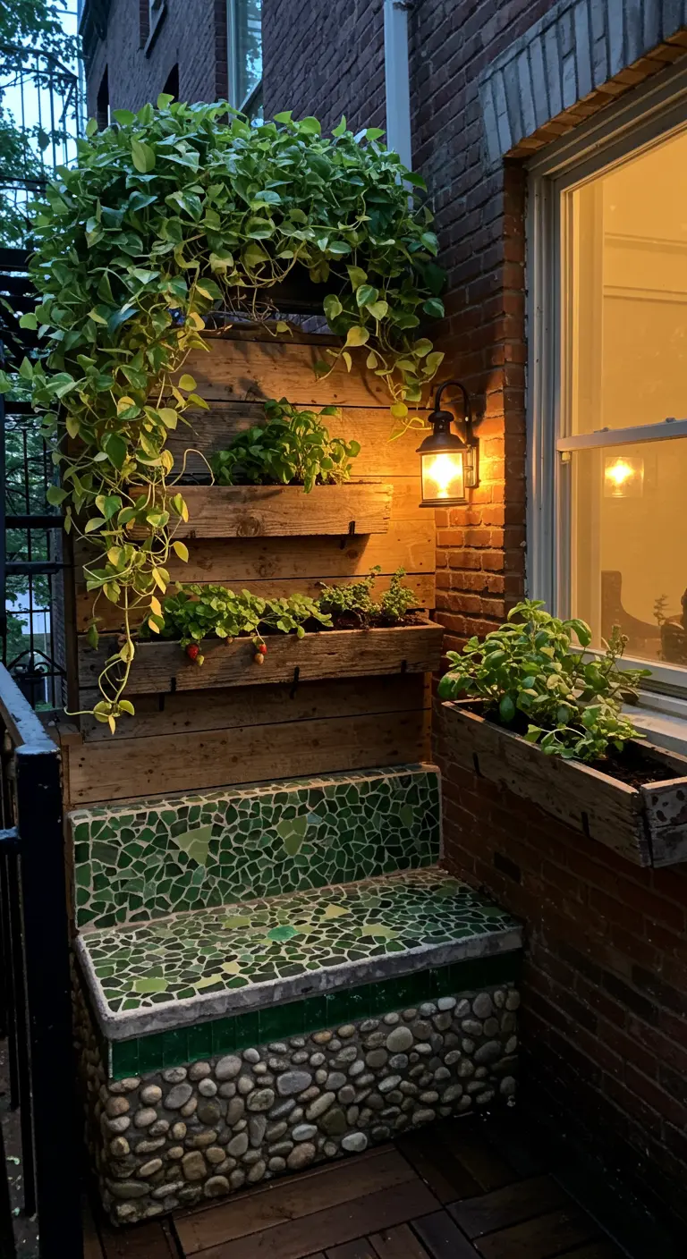 Green mosaic and river rock bench in a cozy, plant-filled corner.
