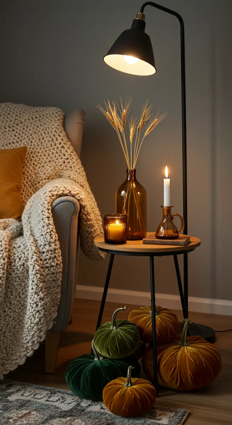 Cozy corner with a side table, candle, and a pile of velvet pumpkins on the floor.