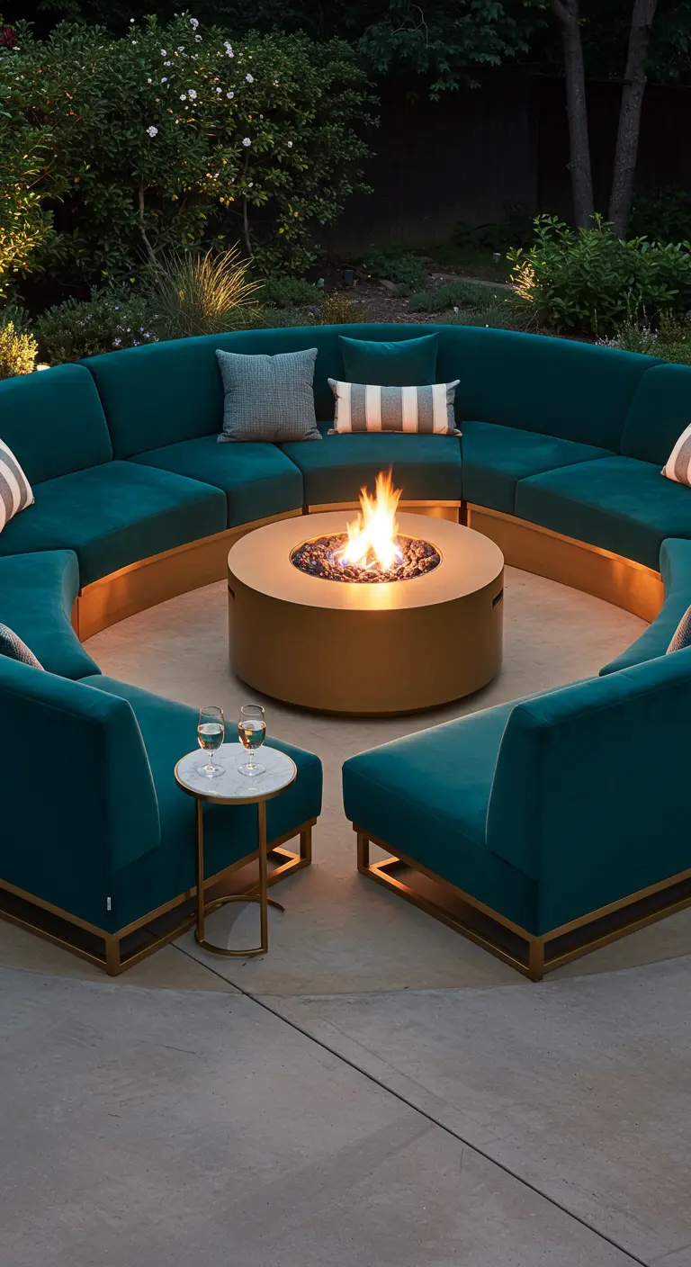 A curved teal velvet outdoor sectional with gold trim surrounding a round fire pit.