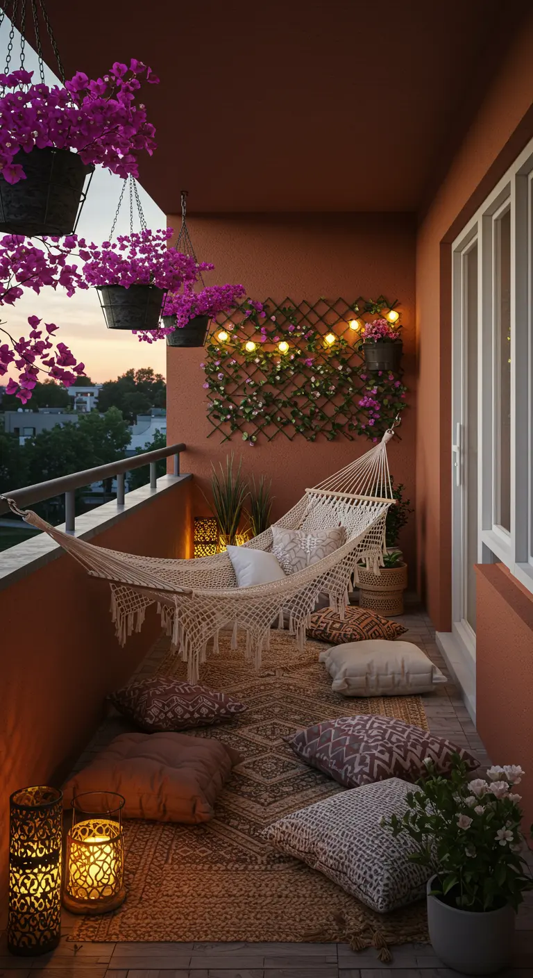 A cozy balcony with a macrame floor hammock, cushions, and lanterns at dusk.