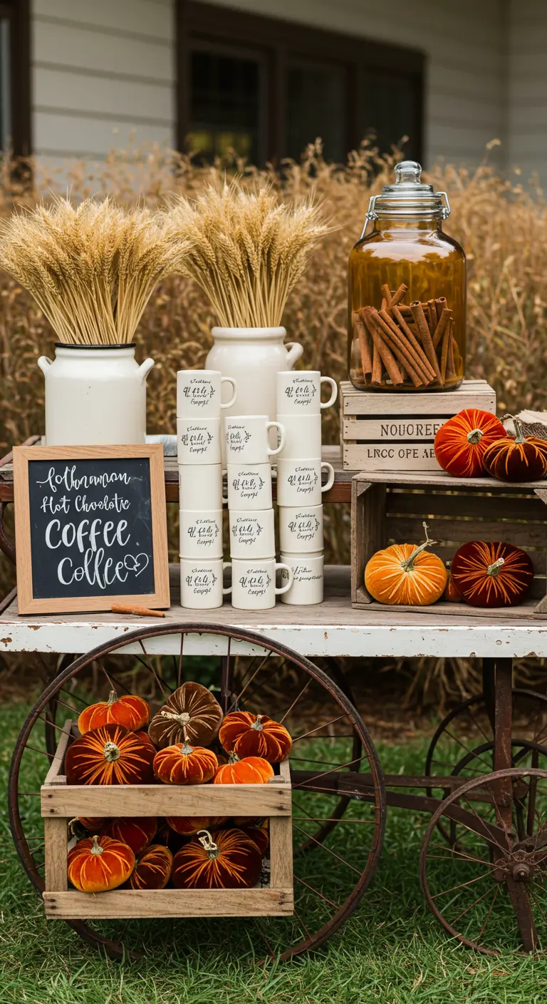 Outdoor drink cart with a hot chocolate sign, stacked mugs, and velvet pumpkins.