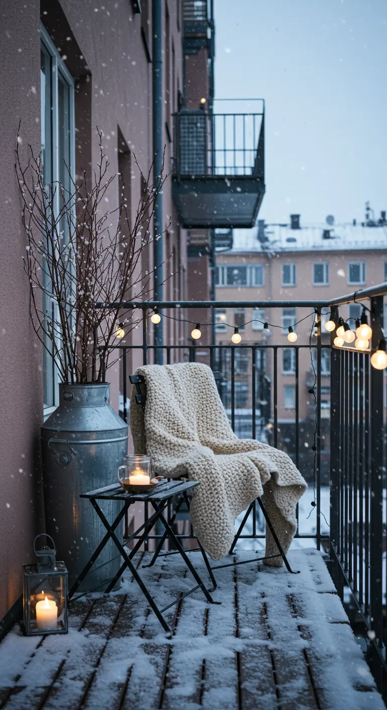 Cozy snowy balcony with a knit throw, lanterns, and branches in a vintage milk can.