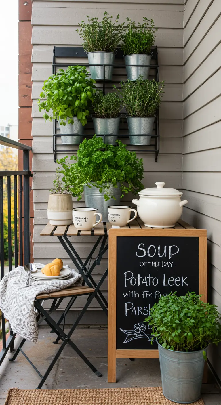 A cozy balcony with a metal rack of herbs, set with a bowl of soup and mugs.