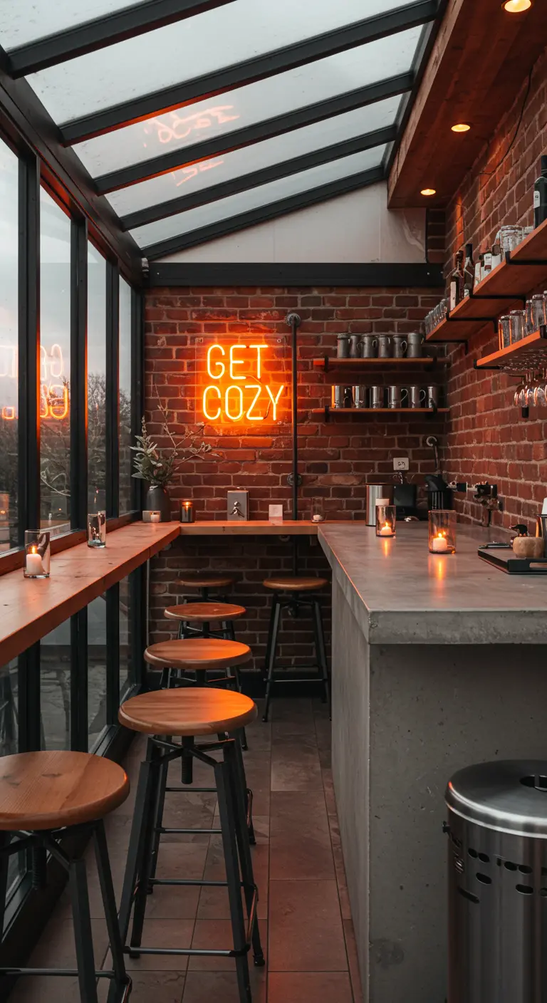 Enclosed balcony bar with brick walls, concrete countertop, and a warm 'GET COZY' neon sign.