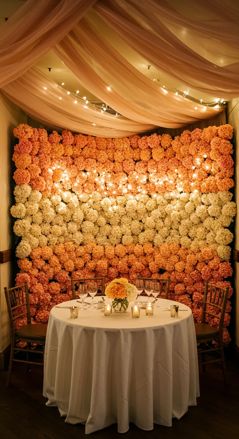 An intimate dining table in a nook with a striped peach and white flower wall lit from behind.
