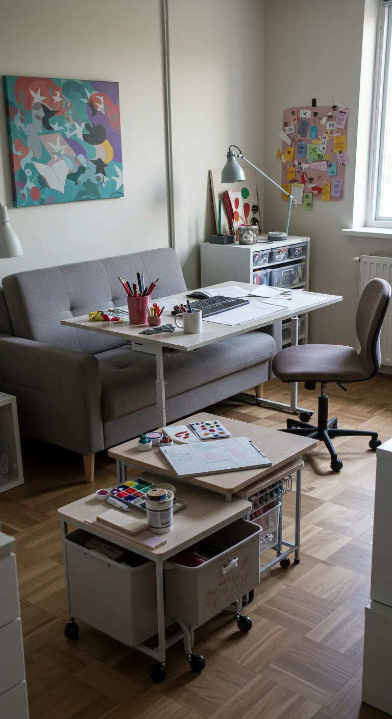 A creative workspace with an over-sofa desk and mobile nesting tables with storage bins for art supplies.