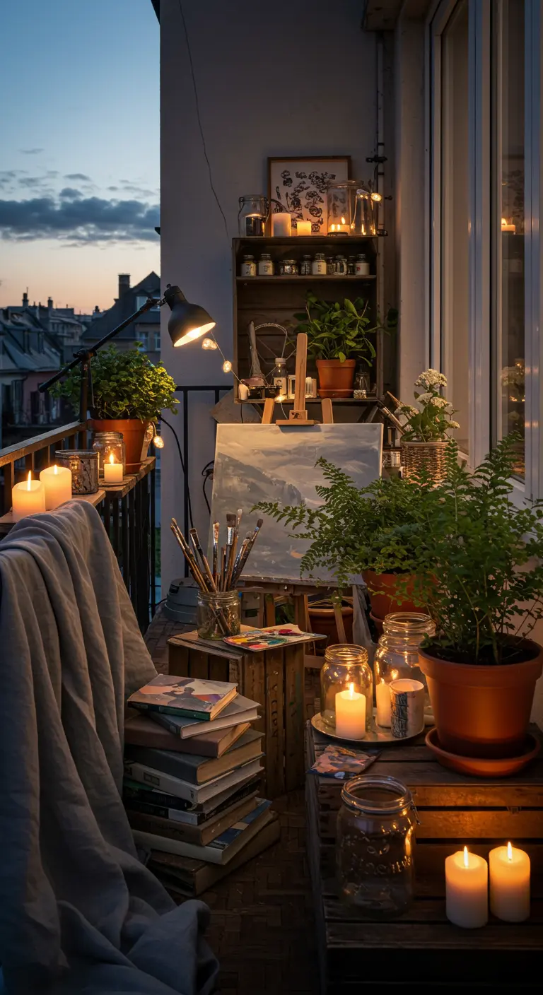 An artist's balcony with an easel, stacked books, and plants in terracotta pots.