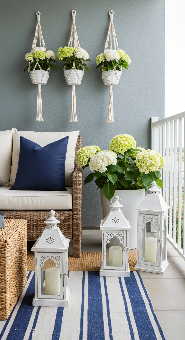 A balcony with a wicker sofa, navy pillows, white lanterns, and a striped rug.