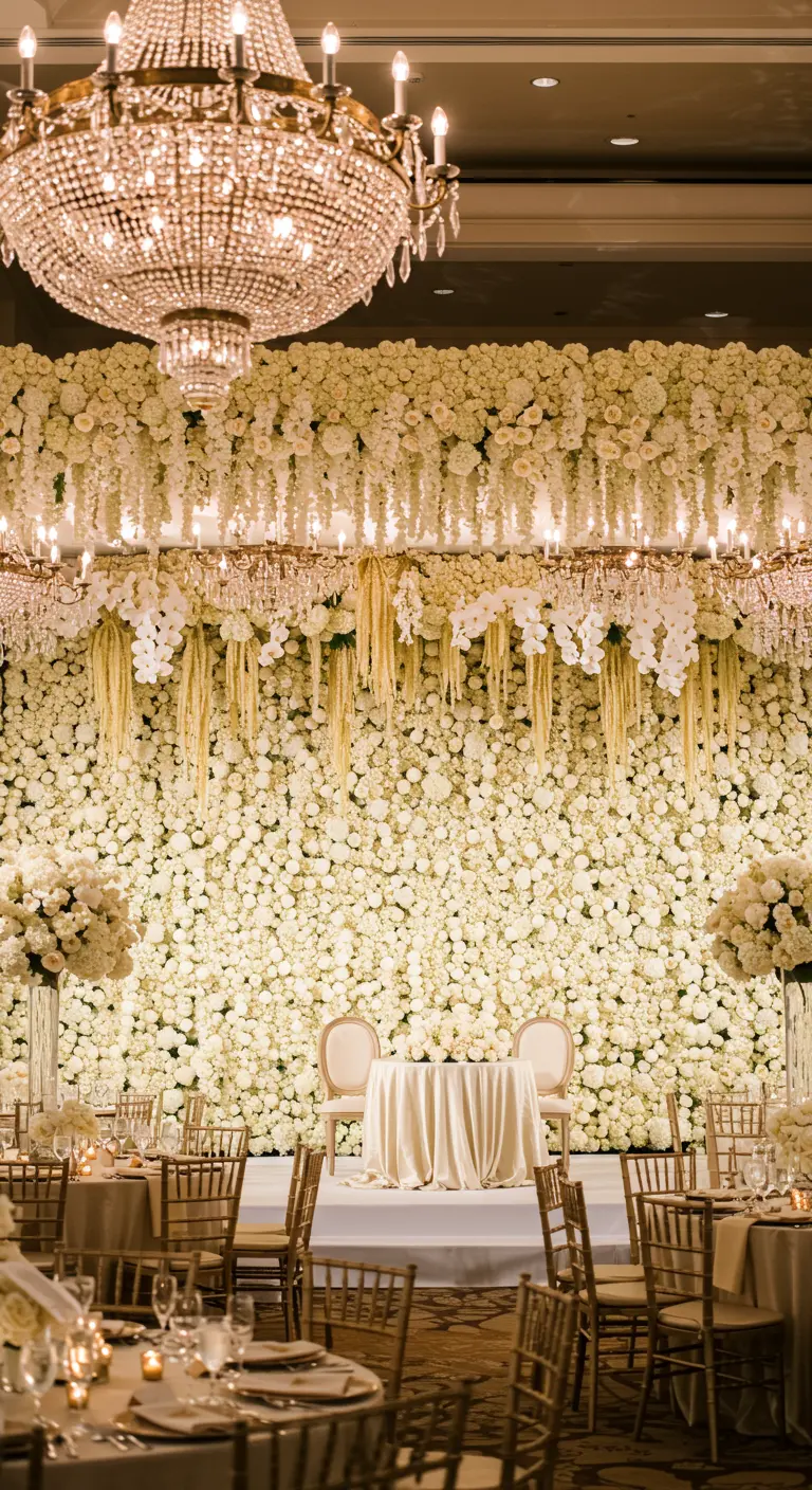 A massive ivory flower wall with cascading wisteria and crystal chandeliers in a grand ballroom.