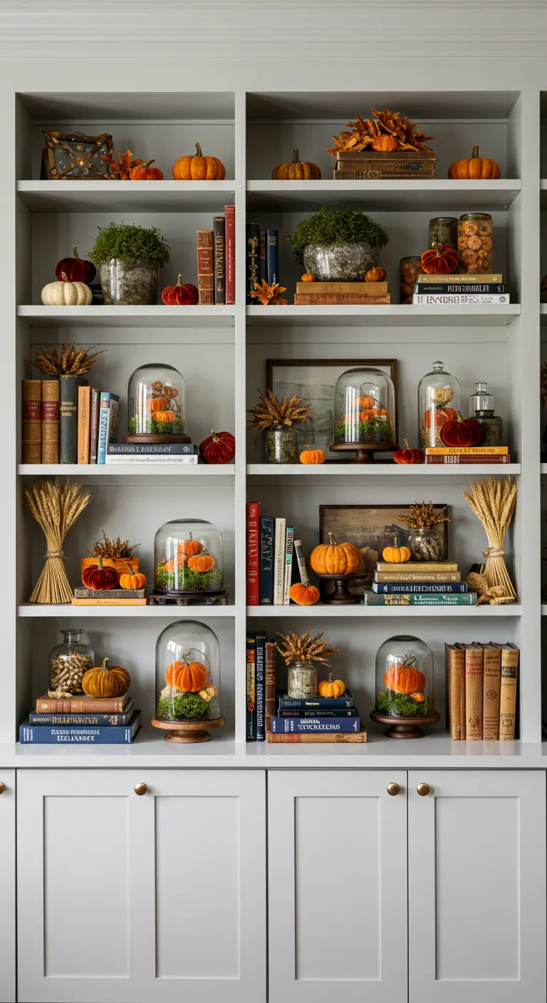 White bookcase styled for fall with pumpkins under glass cloches and wheat.