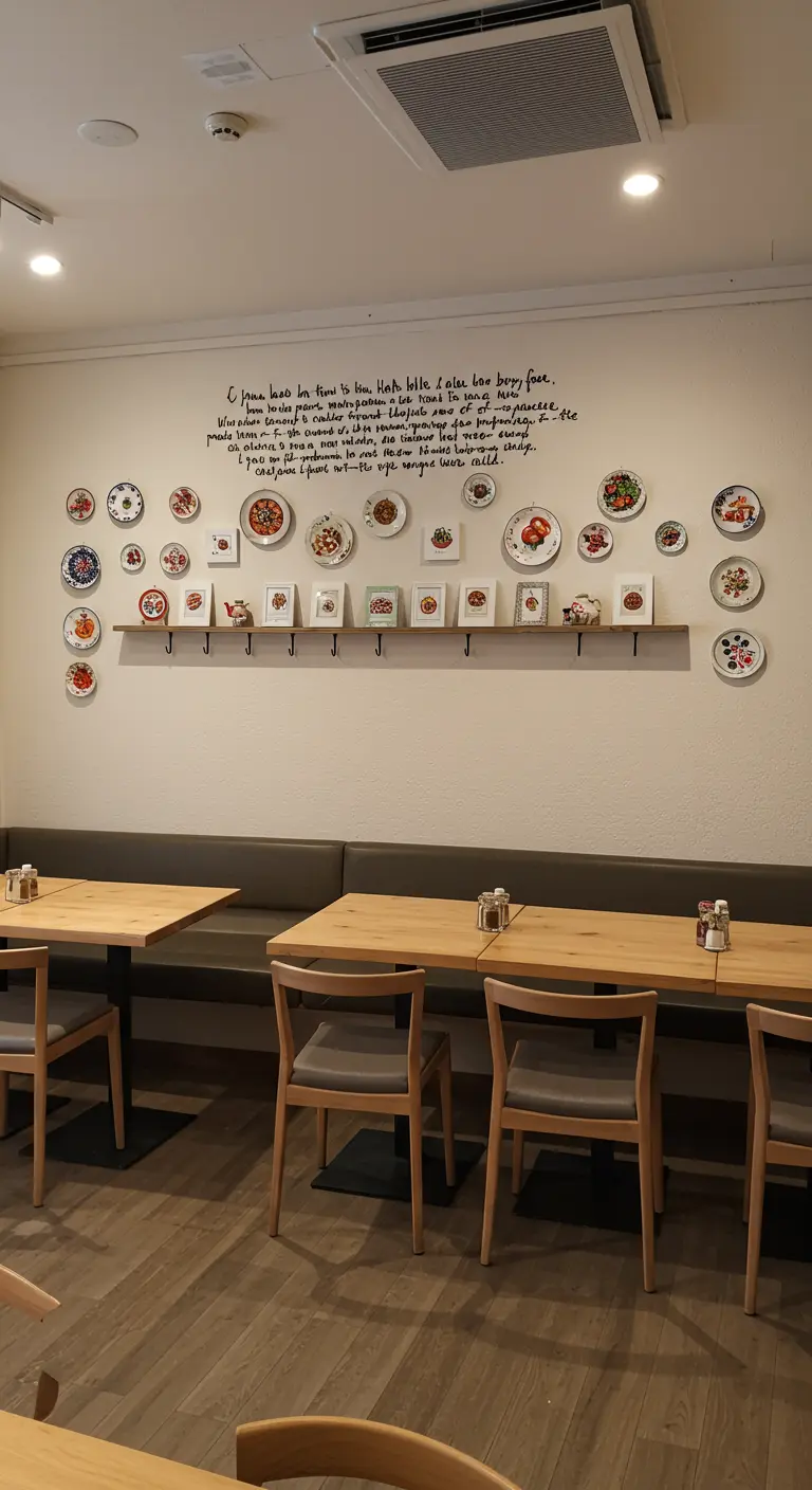 A restaurant wall with a long picture ledge holding small plates, framed art, and objects.