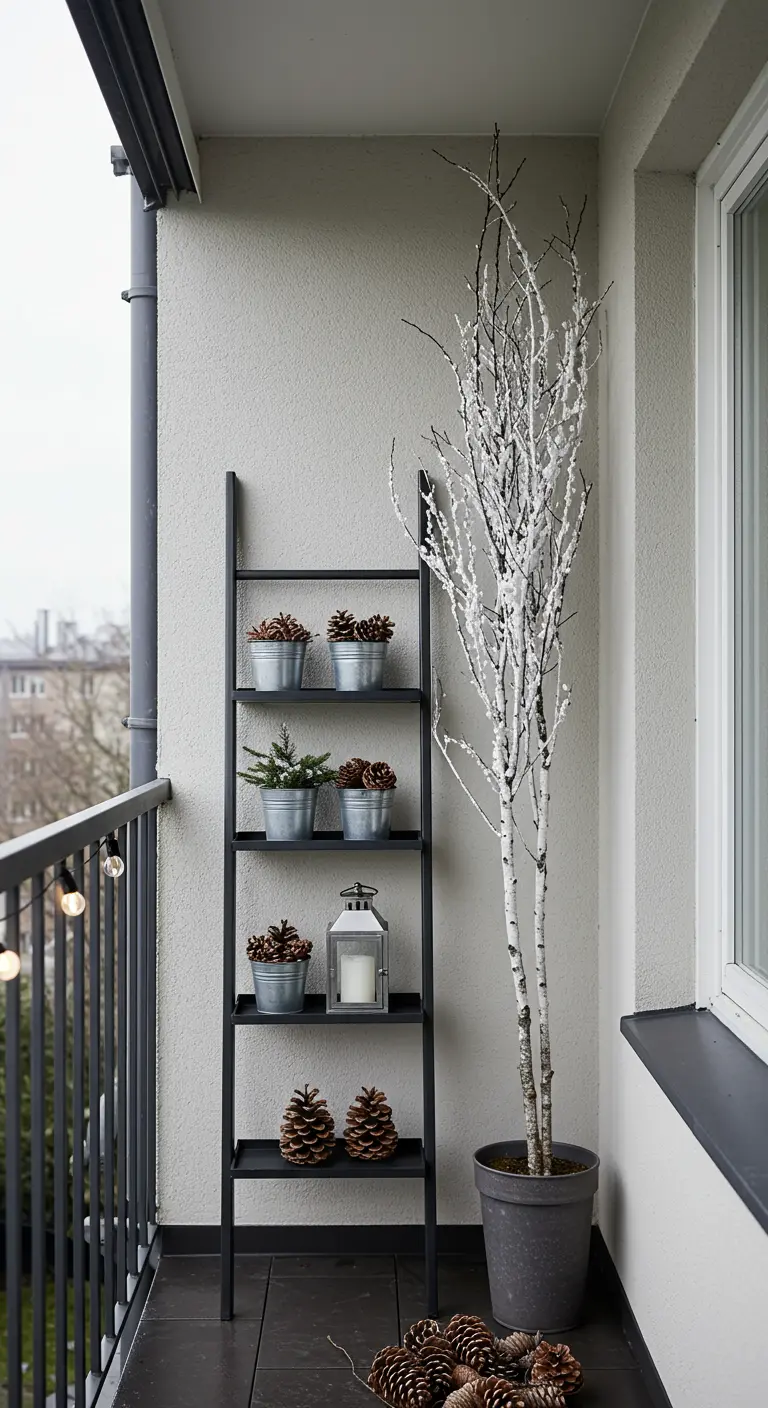 Black ladder shelf with pinecones and a lantern, next to a white birch tree in a pot.