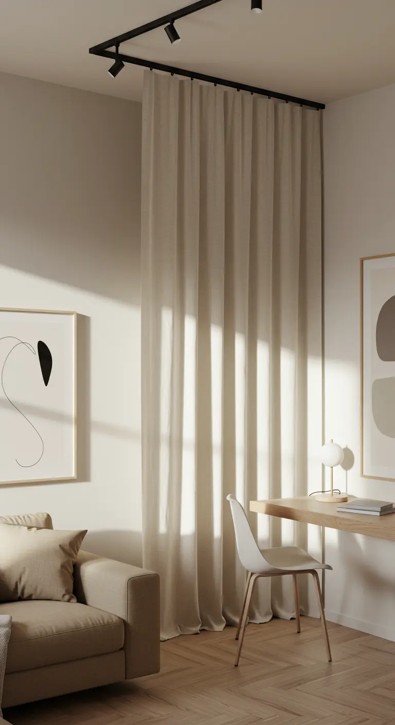 A sheer beige curtain on a ceiling track separating a simple wooden desk from a living room sofa.
